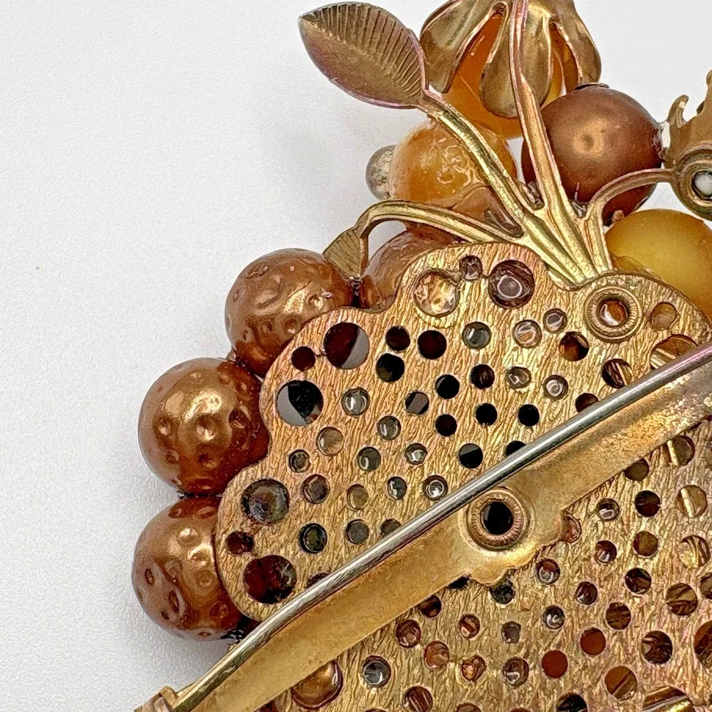 Vintage Brooch Flower AB Artglass Honey Bronze Thermoset Rhinestone MCM